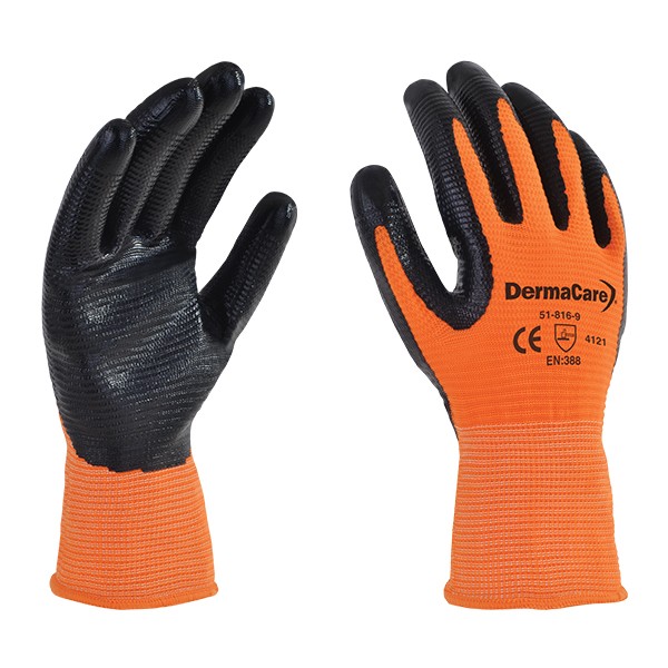 GUANTE NYLON NARANJA Y NITRILO SÓLIDO ACANALADO EN PALMA