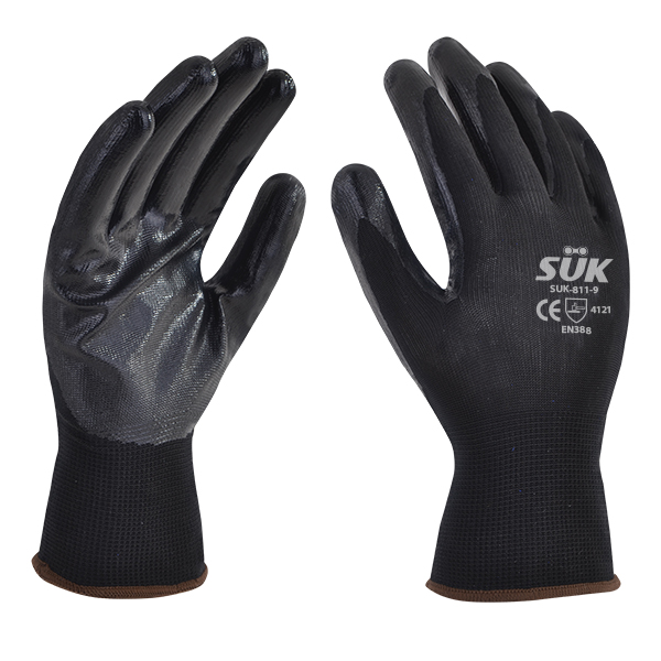 GUANTES DE NYLON NEGRO CON NITRILO SÓLIDO NEGRO 20 CM